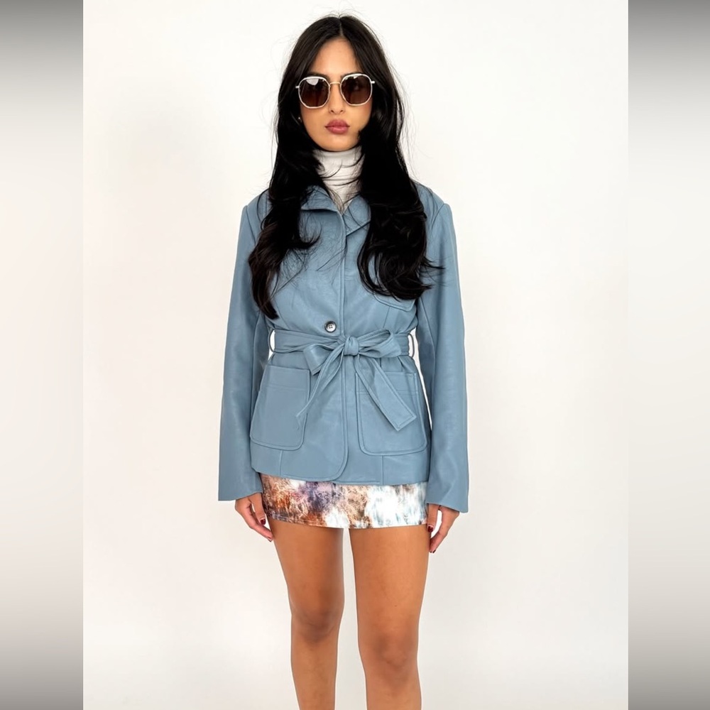 Au Darling Powered Blue Faux Leather Belted Jacket Small New